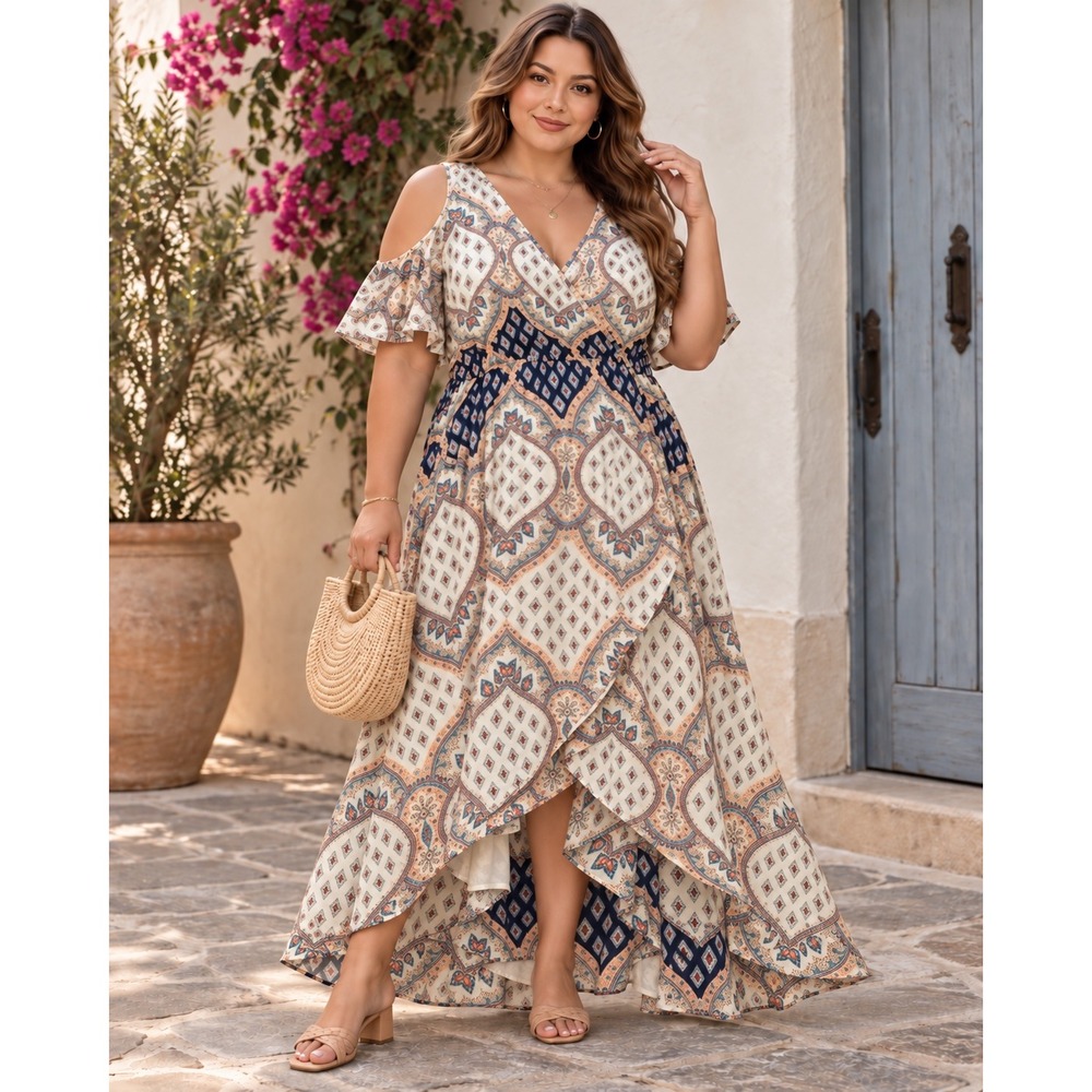 As U Wish Women 2X Paisley Cold Shoulder High Low Midi Dress Navy Orange Boho